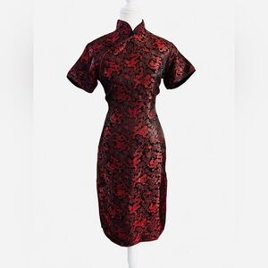 Red & Black Dragon Brocade Cheongsam Qipao Midi Dress Size 10